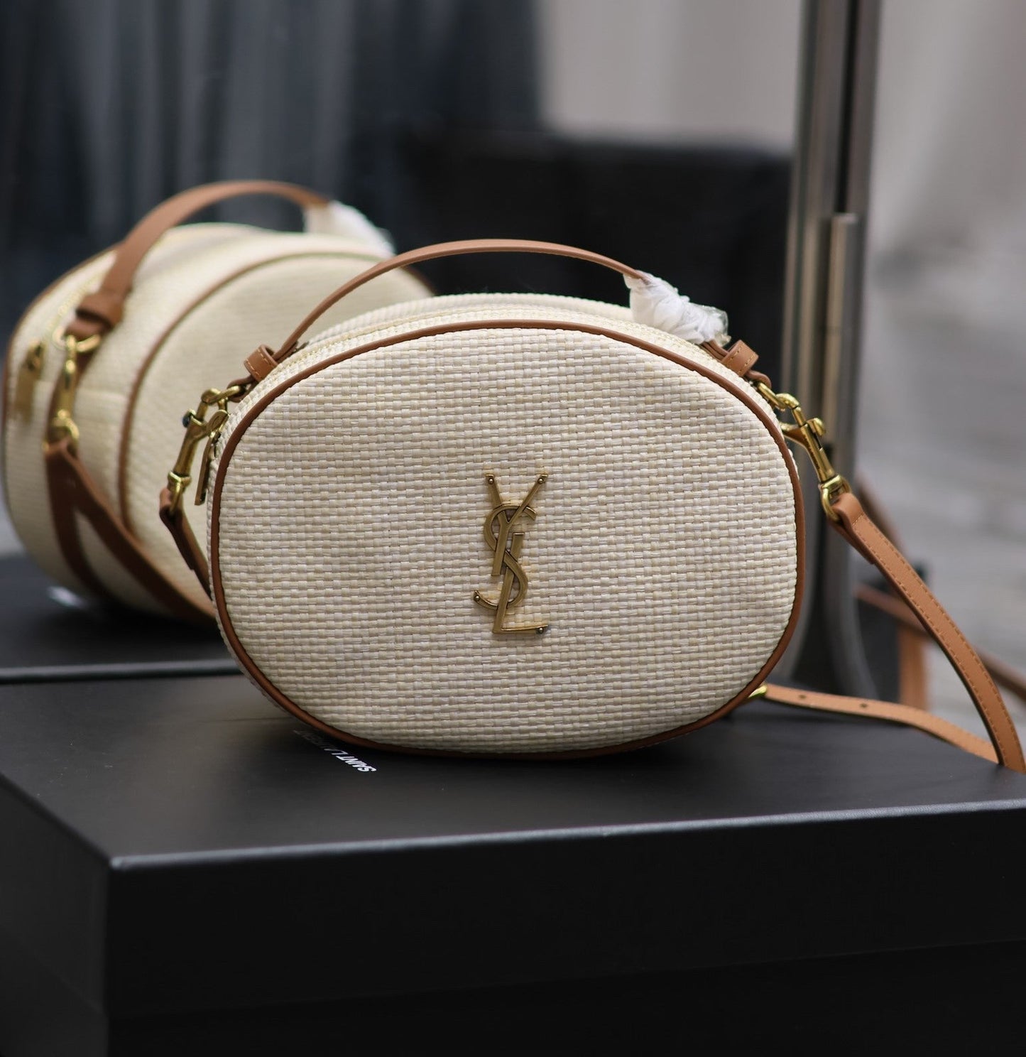 YSL Leather-trimmed raffia shoulder bag - 22¡Á16.5¡Á6cm