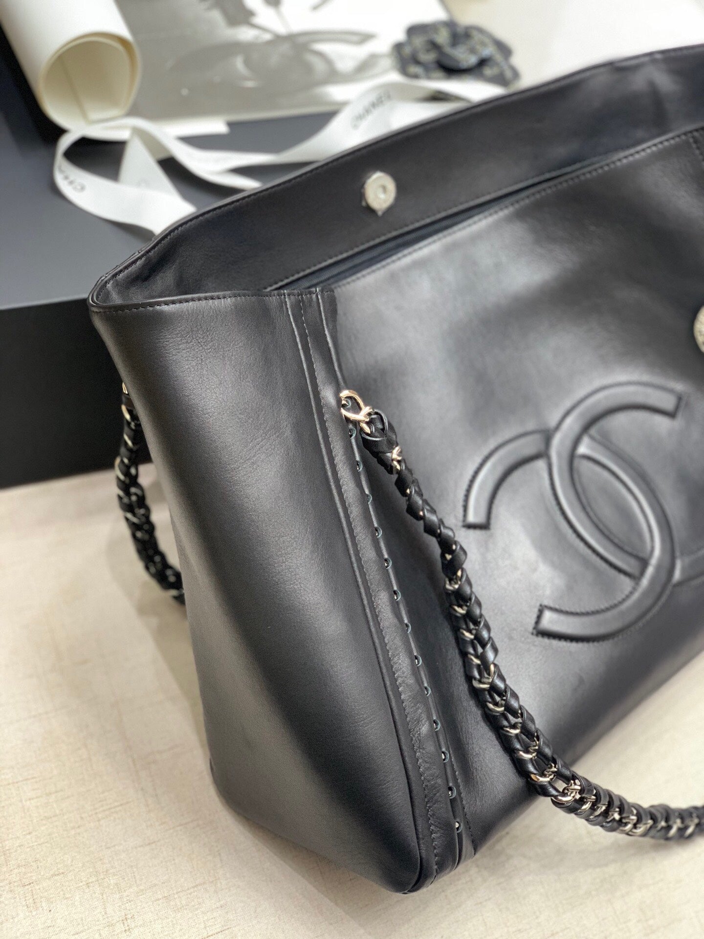 Chanel Soft Calfskin Shopping Bag Top Handle Black