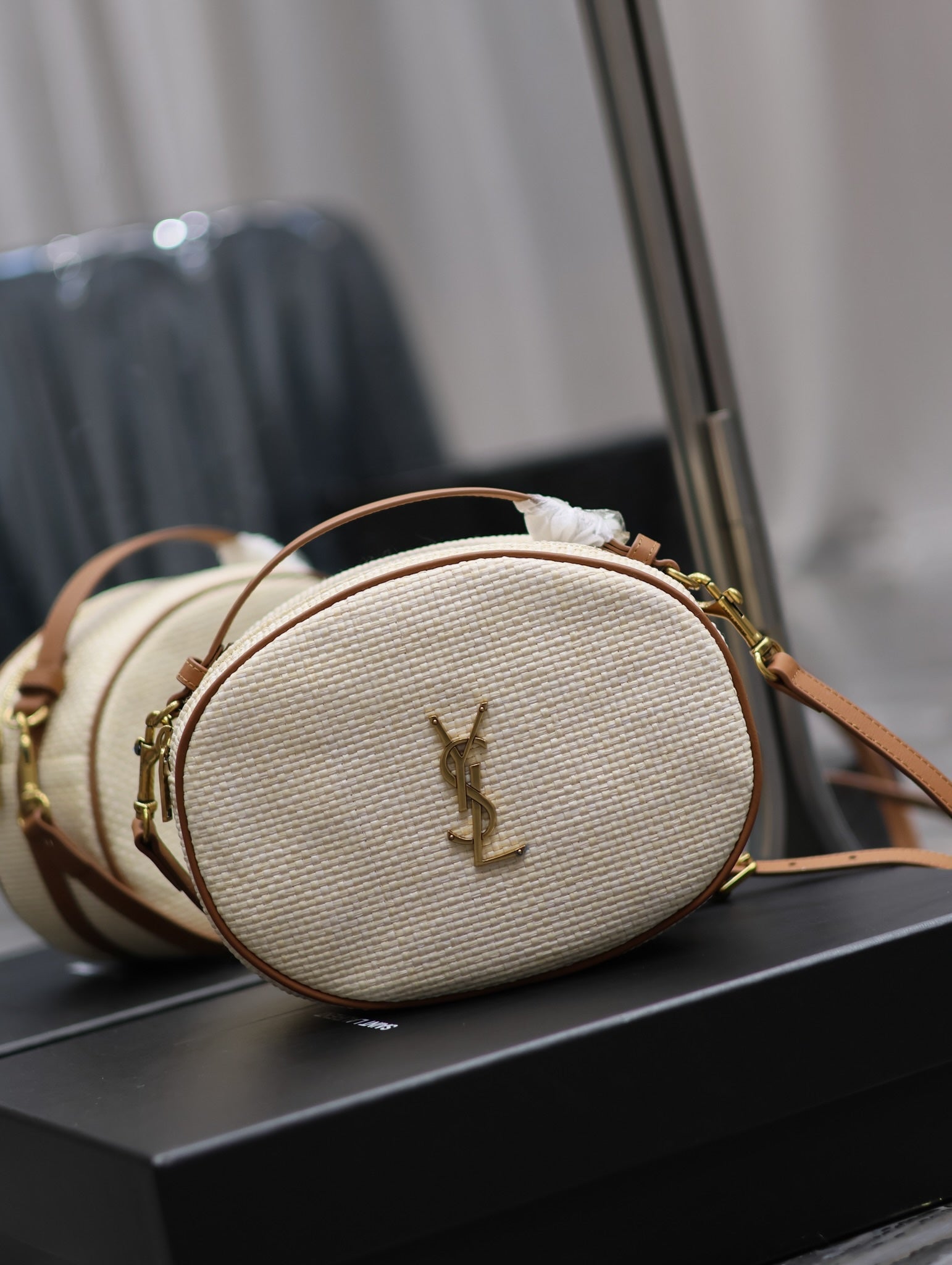 YSL Leather-trimmed raffia shoulder bag - 22¡Á16.5¡Á6cm