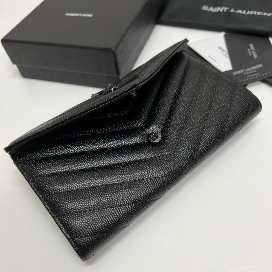 YSL Long Wallet Black Leather Black Tone 10767 19cm